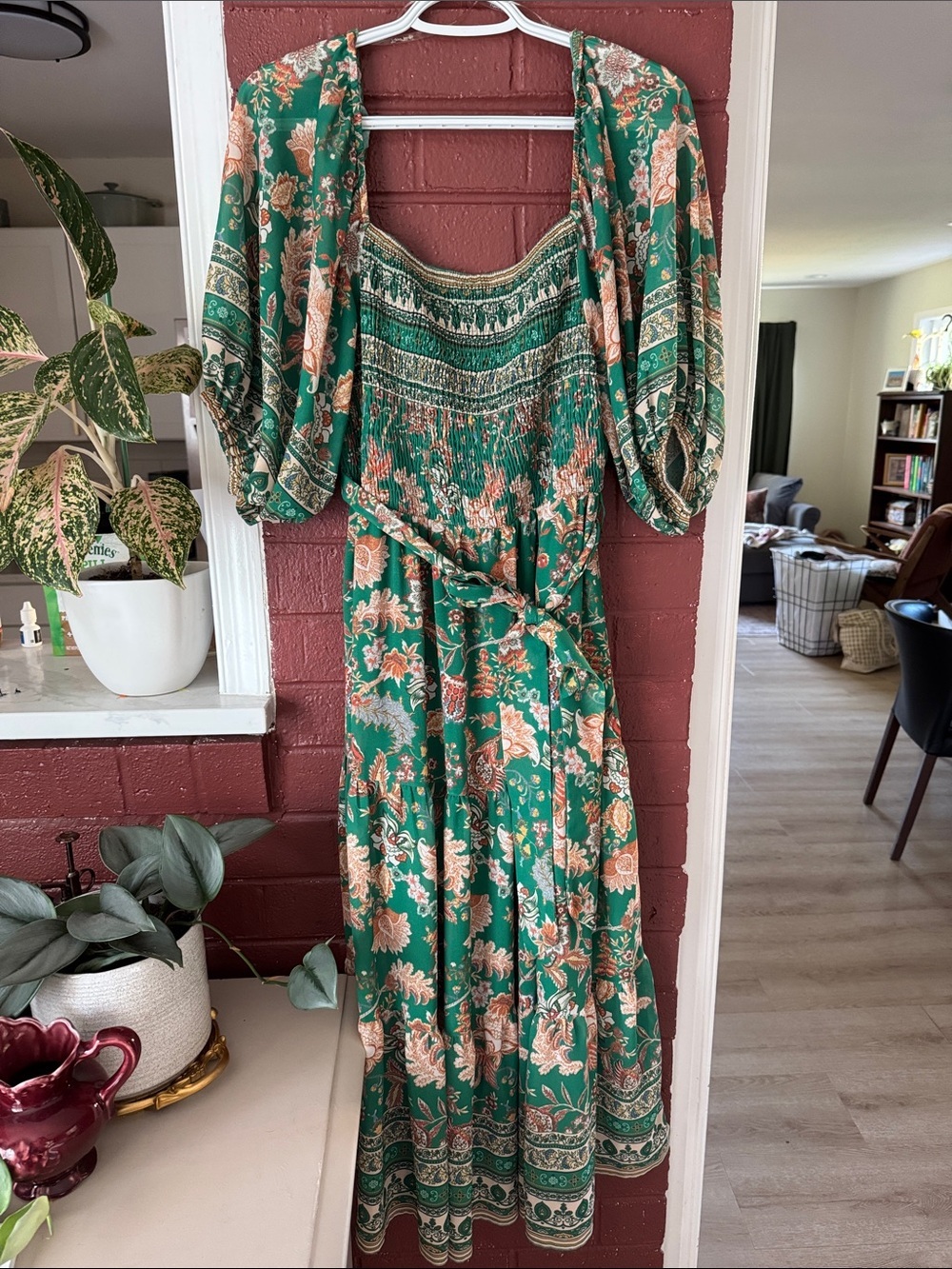 Flying Tomato Patterned Green Puff Sleeve Smocked Floral Boho Midi Dress Size L